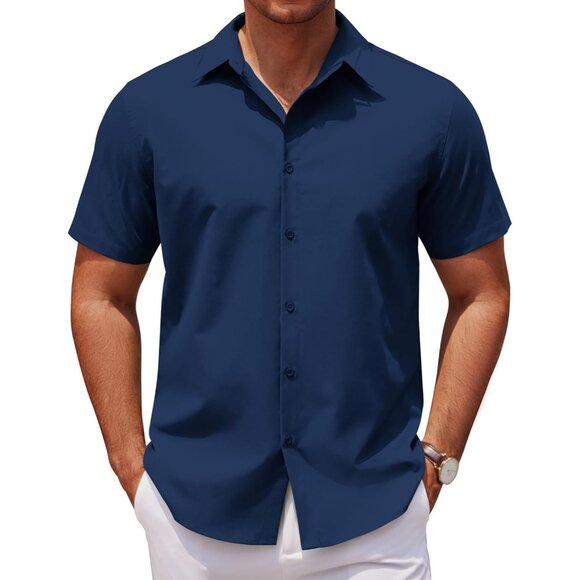 Navy Blue Men Casual Short Sleeve Button Down Untucked Wrinkle Free Dress Shirt - Picture 1 of 5
